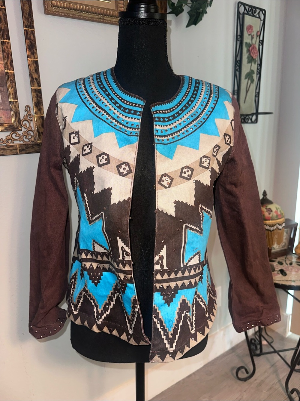 Vintage Diane Gilman Brown Blue Geometric Western Patterned Jacket, Size XS